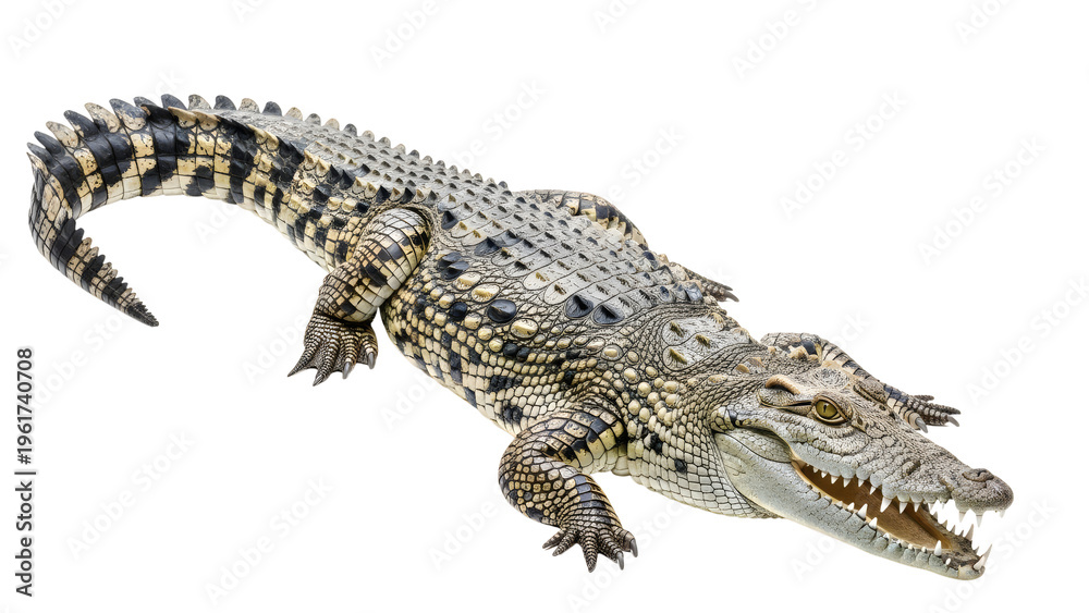 Fototapeta premium Full Body Crocodile With Open Mouth On White Background