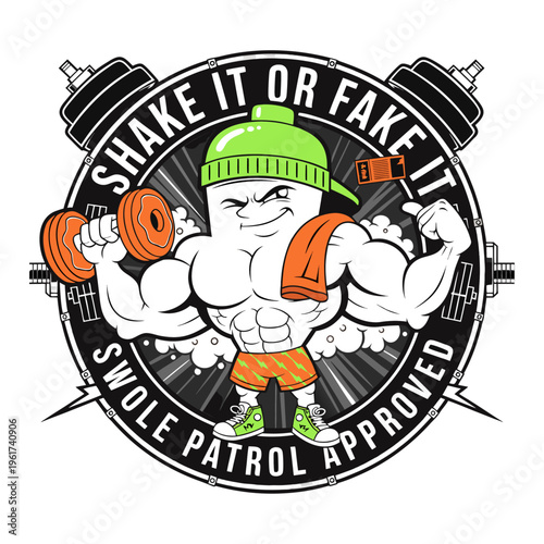 Cartoon mascot of a muscular protein shake bottle lifting a dumbbell for a gym fitness lifestyle isolated on transparent background Round Draw Logo, Editable Vector