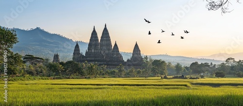 Prambanan Temple Complex at Sunrise with Rice Fields and Birds.