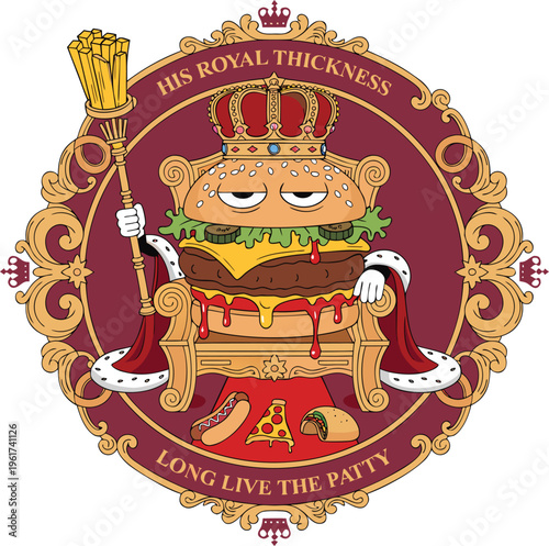 A regal burger character sitting on a throne wearing a crown and holding a french fry scepter isolated on transparent background Round Draw Logo, Editable Vector