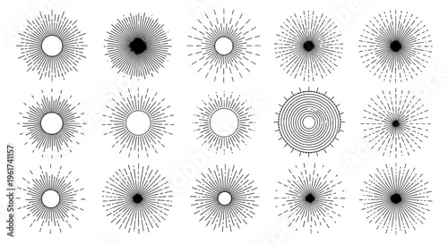 Sunburst vector set with black and white radial lines and burst effects, decorative design elements.