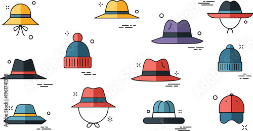 Collection of hat vector icons including fedora beanie bucket and winter caps in flat minimal style set