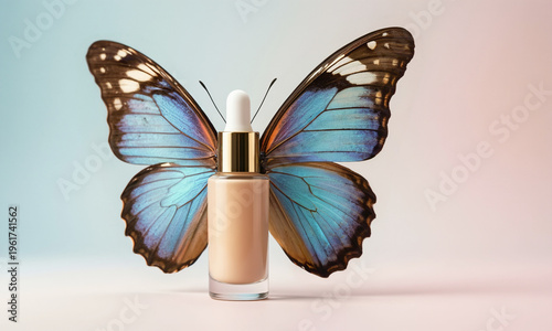 cosmetic bottle sprouting butterfly wings minimal pastel background  Generative AI