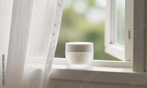 cosmetic jar beside open window curtain moving in spring breeze  Generative AI