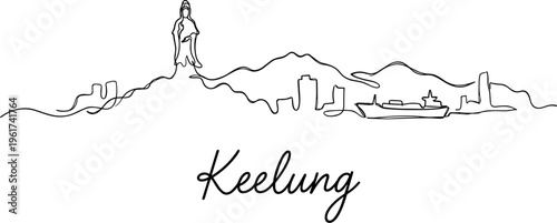 Keelung city skyline with Guanyin statue and harbor ship continuous line drawing vector