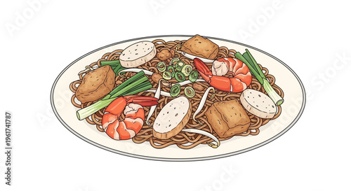 Asian Noodle Dish with Shrimp, Tofu, and Scallions Illustration