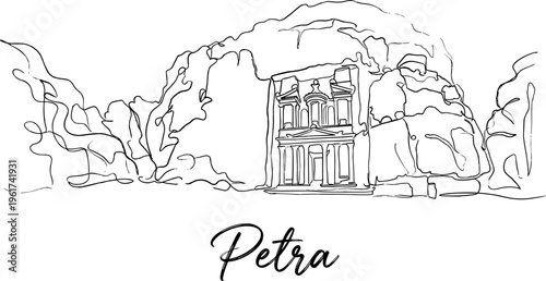 Minimalist line art drawing of Petra Treasury Jordan on white background vector