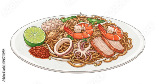 Delicious Pad Thai Noodles with Shrimp, Squid, and Pork
