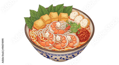 Delicious prawn noodle soup with tofu and fish cakes, garnished with basil leaves.