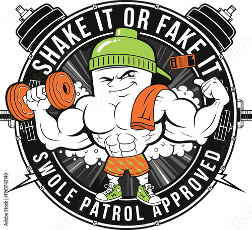 Cartoon mascot of a muscular protein shake bottle lifting a dumbbell for a gym fitness lifestyle isolated on transparent background Round Draw Logo, Editable Vector