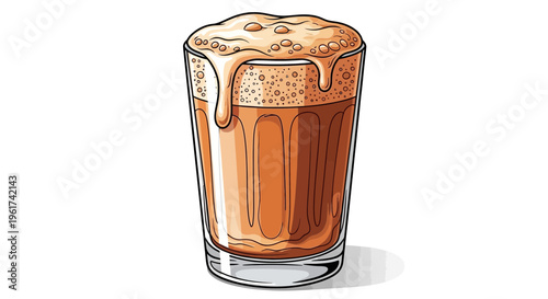 Glass of frothy brown beverage with foam dripping down sides