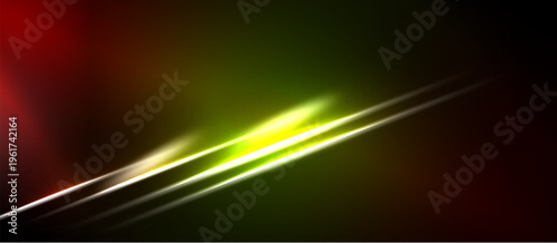 Abstract background features vibrant color gradients, diagonal lines, bright light streaks. Dark areas contrast vivid green, yellow, red hues.