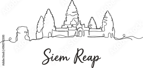 Angkor Wat temple skyline continuous line drawing in Siem Reap Cambodia vector