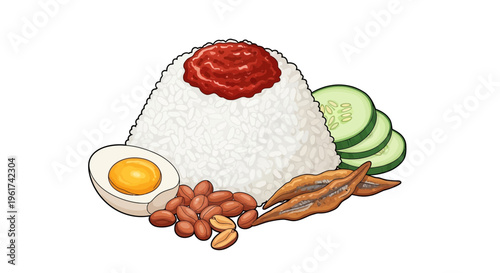 Nasi Lemak illustration: rice, egg, anchovies, peanuts, cucumber