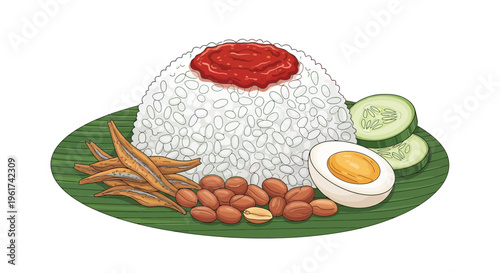 Nasi Lemak illustration: rice, anchovies, peanuts, egg, cucumber on banana leaf