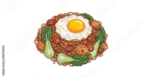 Noodle Dish with Fried Egg, Shrimp, and Bok Choy Illustration