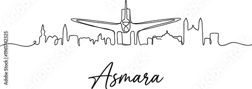 Asmara Eritrea city skyline with Fiat Tagliero building one line drawing vector illustration