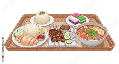 Pixel Art Food Tray with Asian Cuisine: Chicken Rice, Satay, Noodles, and Desserts