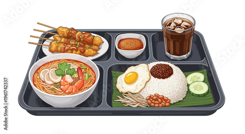 Pixel art Malaysian food platter with nasi lemak, laksa, satay, and iced tea