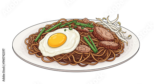 Savory Noodles with Fried Egg and Meat