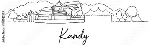 Continuous line drawing of Kandy Sri Lanka skyline and temple vector illustration