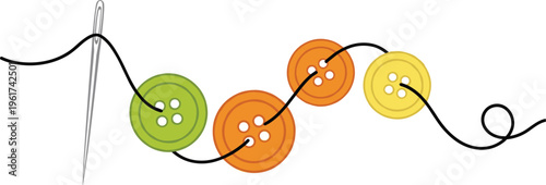 Sewing needle with thread and colorful buttons craft illustration tailoring equipment design textile hobby handmade concept vector isolated