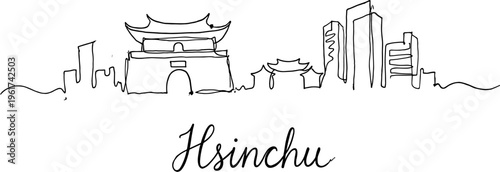 Hsinchu Taiwan city skyline with East Gate continuous line art vector illustration