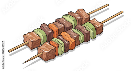 Two beef skewers with green peppers and carrots on white background