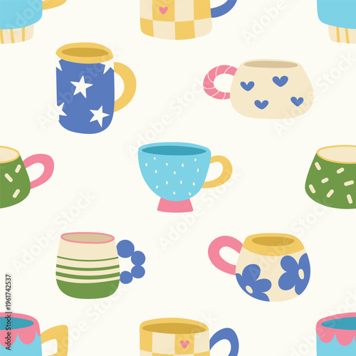 Seamless pattern with ceramic colorful mugs and cups. Repeating print of decorated tableware