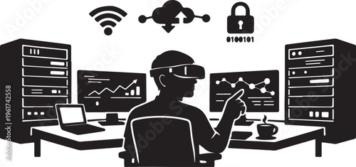 Black Man working at computer silhouette