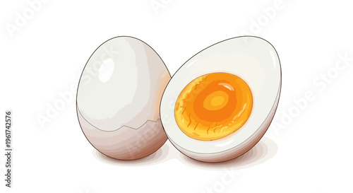 Whole and halved hard-boiled egg with bright orange yolk on white background