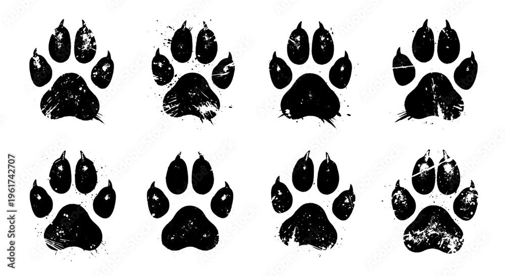Fototapeta premium Paw prints black grunge set with dirty animal footmarks featuring foot marks, foot print, paws with footprints elements, clean composition on simple