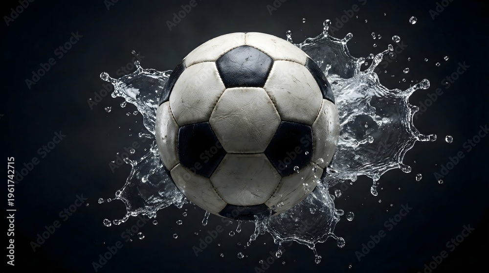 Fototapeta premium Soccer ball with floating water droplets creating dynamic fresh football background.
