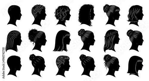 Heads silhouettes set with various hairstyles and headgear, black vector graphics featuring illustrations, profiles, faces with hairdos and buns