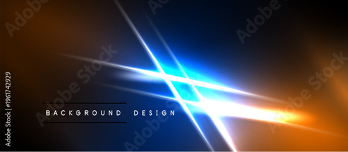 Abstract design features vibrant lines, gradients. Blue, orange hues dominate dark background. Modern, energetic visual composition.