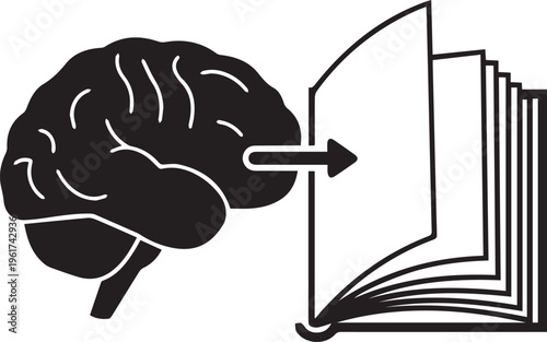 Brain and open book vector silhouette illustration representing learning and information flow concept