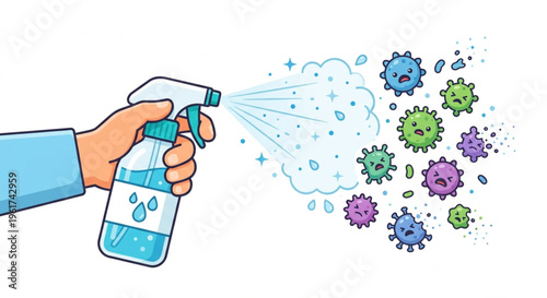 Hand Holding Disinfectant Spray Bottle Killing Cute Viruses and Bacteria, Hygiene and Protection Vector Concept