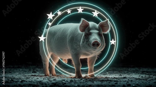 A luminous pig stands confidently, surrounded by glowing rings and stars in a dark setting. This enchanting scene captures the magic of the night, blending nature with artistry.