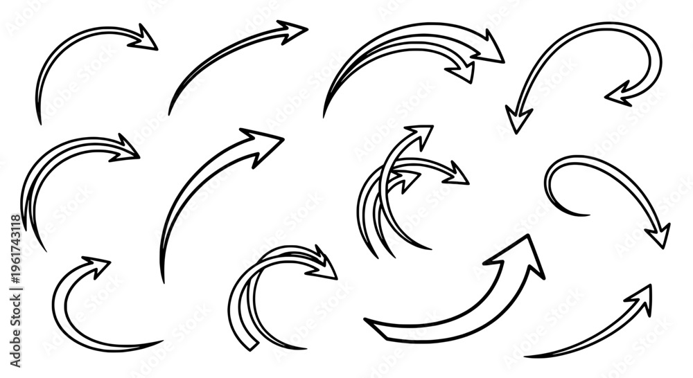 Fototapeta premium Arrows hand drawn set with black curved lines and pointed tips moving in different directions. featuring vector, illustration, graphic with resource
