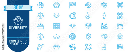 Diversity icon set. Contains icons related to inclusion, community, global, teamwork, disability, gender, handshake, equality, culture, love, brain, shield, flag, speech and more. Editable stroke.
