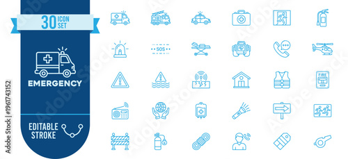Emergency icon set. Contains icons related to ambulance, fire truck, police, first aid, SOS, flood, rescue, helicopter, siren, warning, fire extinguisher, evacuation and more. Editable stroke.