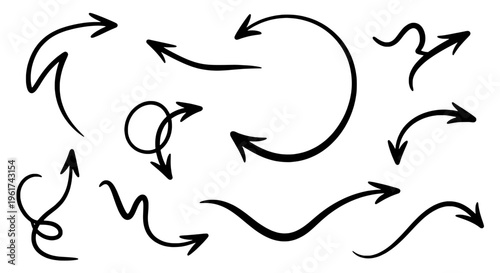 Arrows hand drawn set with black curved lines and pointed tips in various directions and shapes. featuring vector, illustration, graphic with