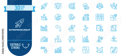 Entrepreneurship icon set. Contains icons related to startup, rocket, investment, growth, strategy, teamwork, puzzle, money, risk, innovation, leadership, planning, success and more. Editable stroke.