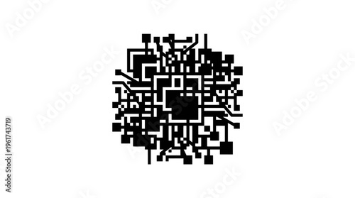 Abstract Digital Glitch Fragments and Geometric Particles on Black Background