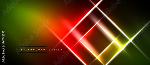 Abstract neon lines create vibrant geometric shapes. Gradient transitions blend green, yellow, red hues. Modern design element.