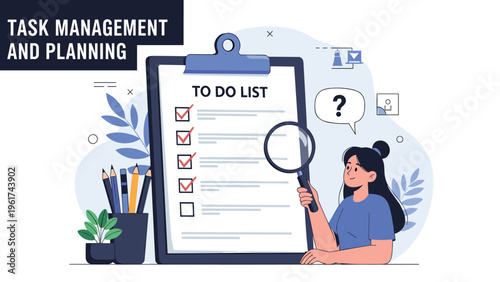 Organized woman using a magnifying glass to review and check off important tasks from a giant clipboard to-do list for daily productivity.