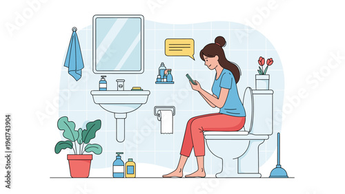 Young woman relaxing and using her smartphone for social messaging while sitting on a toilet in a clean modern and minimalist bathroom.