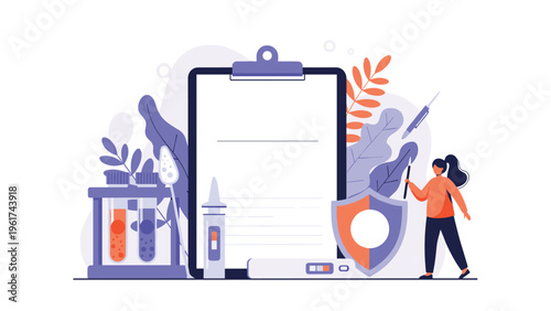 Medical research concept featuring a large blank clipboard surrounded by laboratory test tubes, nasal spray, and various healthcare icons.