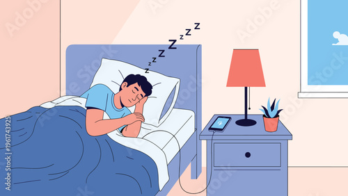 Man sleeping peacefully in a comfortable bed at night while his mobile phone charges on a nearby wooden nightstand with a lit table lamp.