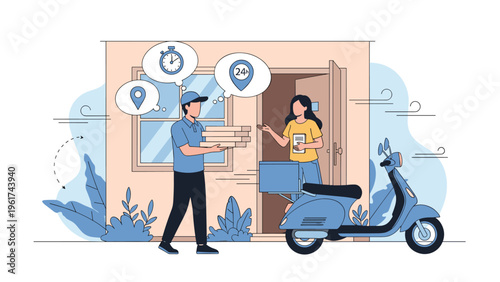 Professional delivery man handing over stacks of pizza boxes to a female customer at her home doorstep from a blue delivery motor scooter.